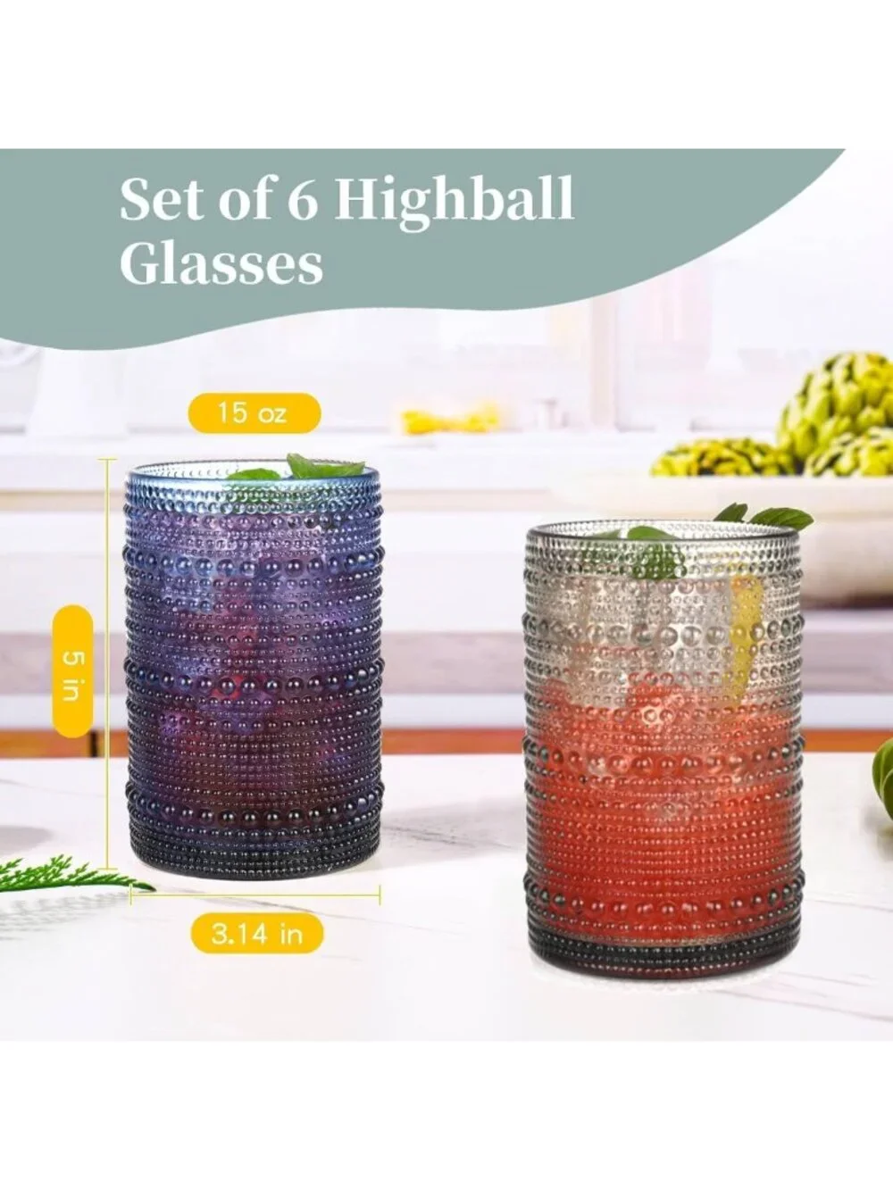 Vintage Colored Hobnail Highball Glasses Set of 6, 15 oz Drinkware for